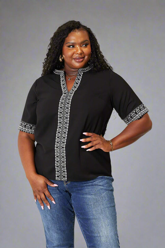 Double Take Embroidered Notched Neck Top