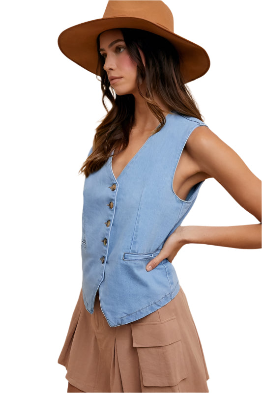 Annie Wear Button Down V-Neck Denim Vest